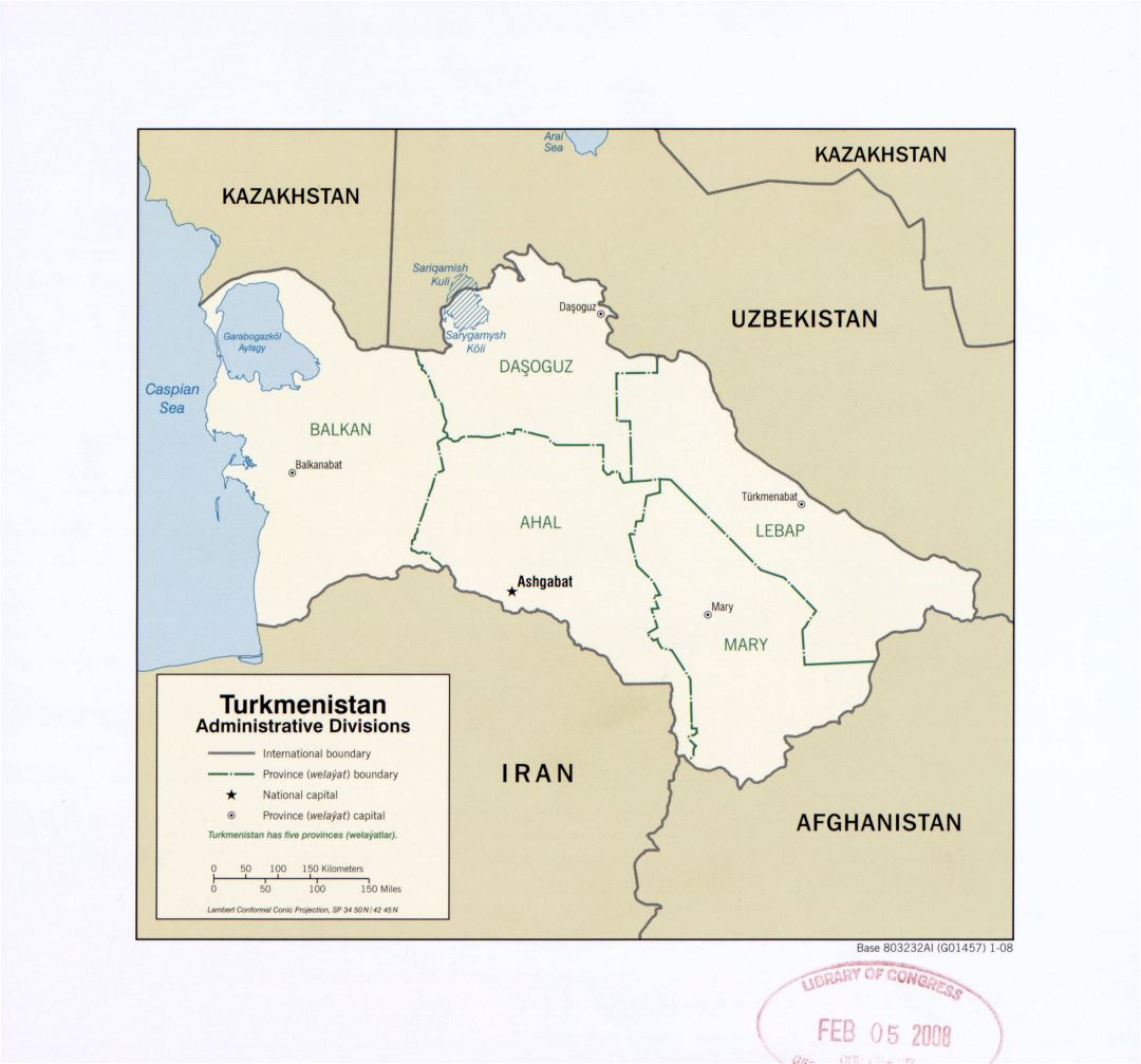 Большая детальная карта административных делений Туркменистана - 2008