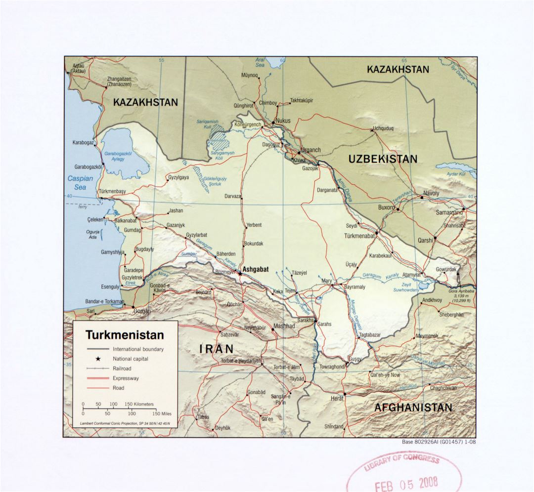 Большая детальная политическая карта Туркменистана с рельефом, дорогами, железными дорогами и крупными городами - 2008