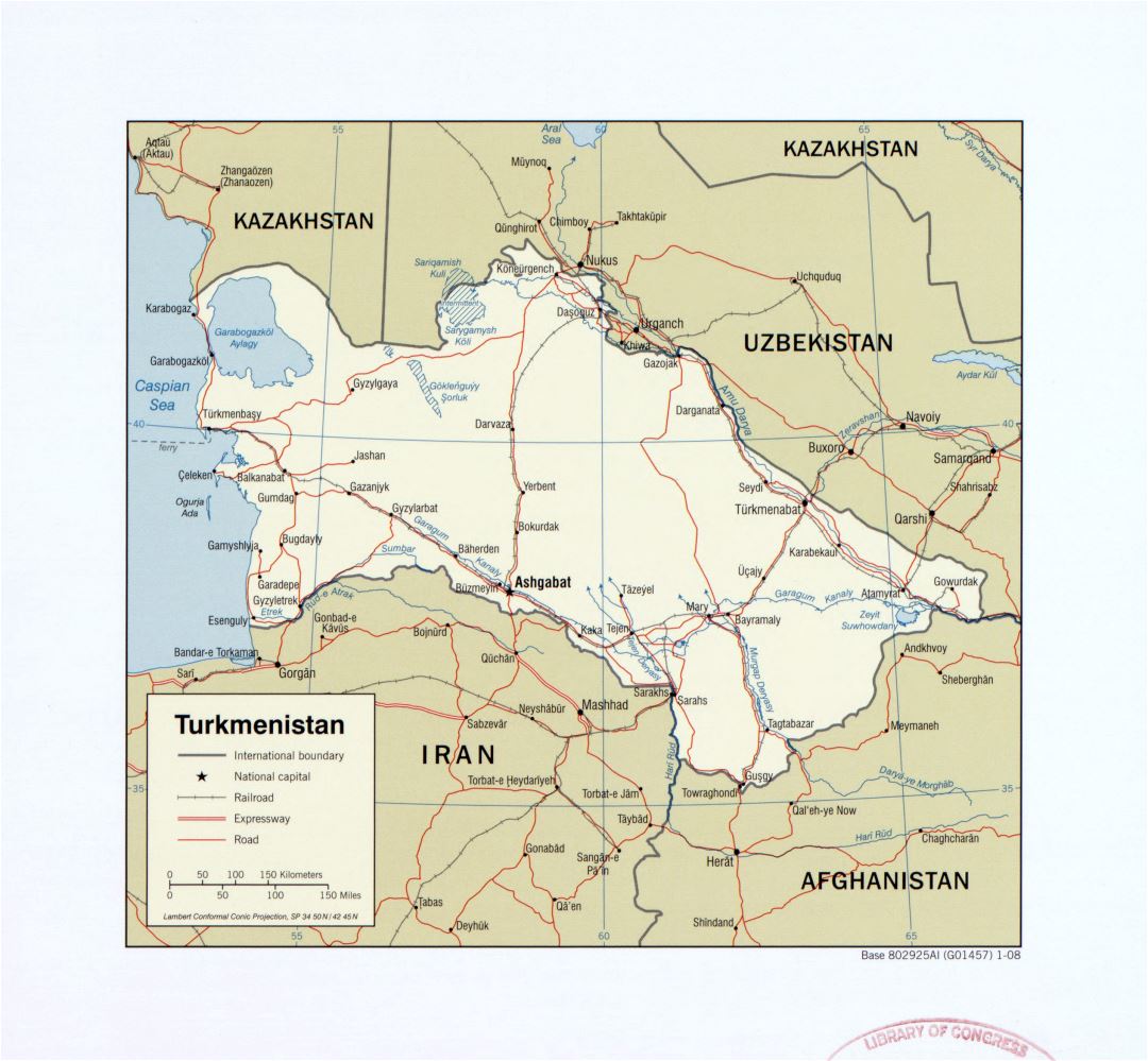 Большая детальная политическая карта Туркменистана с дорогами, железными дорогами и крупными городами - 2008