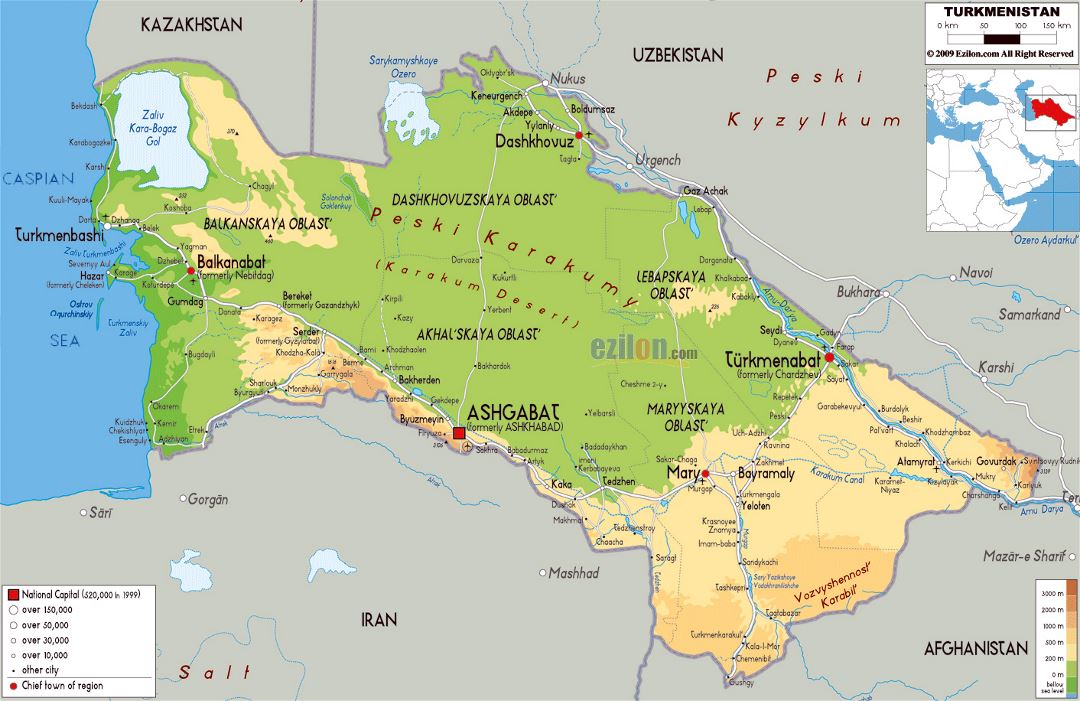 Большая физическая карта Туркменистана с дорогами, городами и аэропортами
