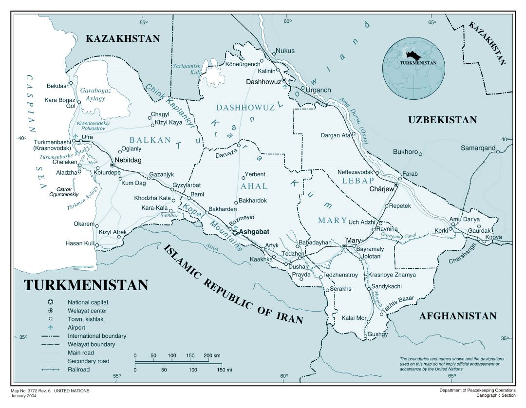 Большая политическая и административная карта Туркменистана с дорогами, железными дорогами, крупными городами и аэропортами