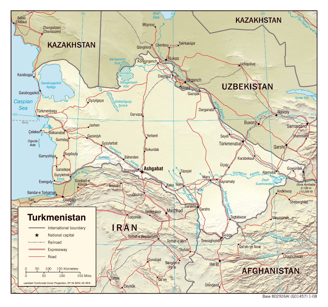 Большая политическая карта Туркменистана с рельефом, дорогами, железными дорогами и крупными городами - 2008