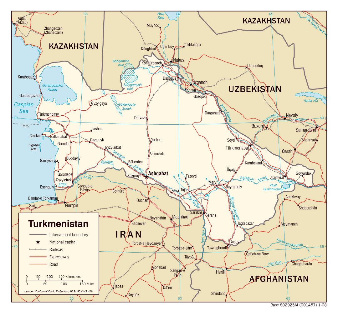 Большая политическая карта Туркменистана с дорогами, железными дорогами и крупными городами - 2008