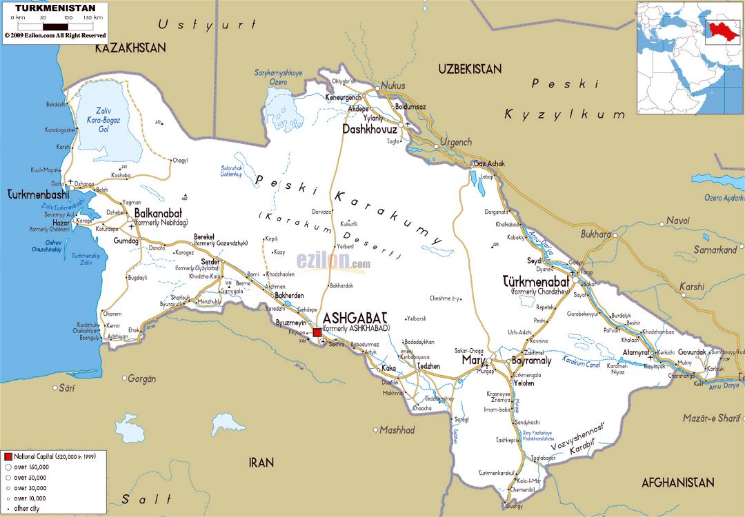Большая карта дорог Туркменистана с городами и аэропортами
