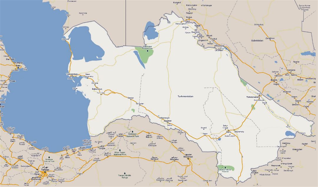 Большая карта дорог Туркменистана с национальными парками и городами