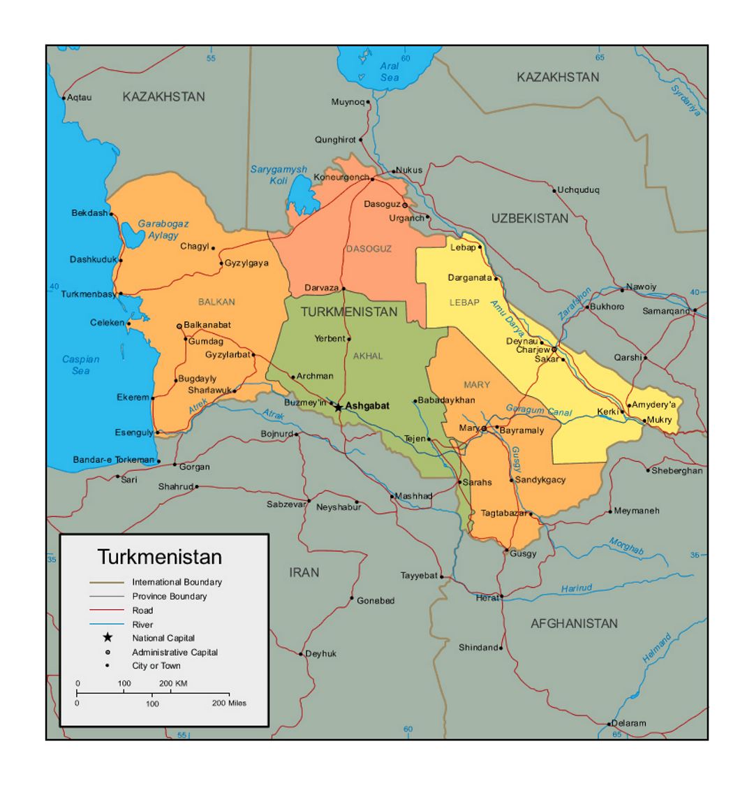 Политическая и административная карта Туркменистана с дорогами и городами