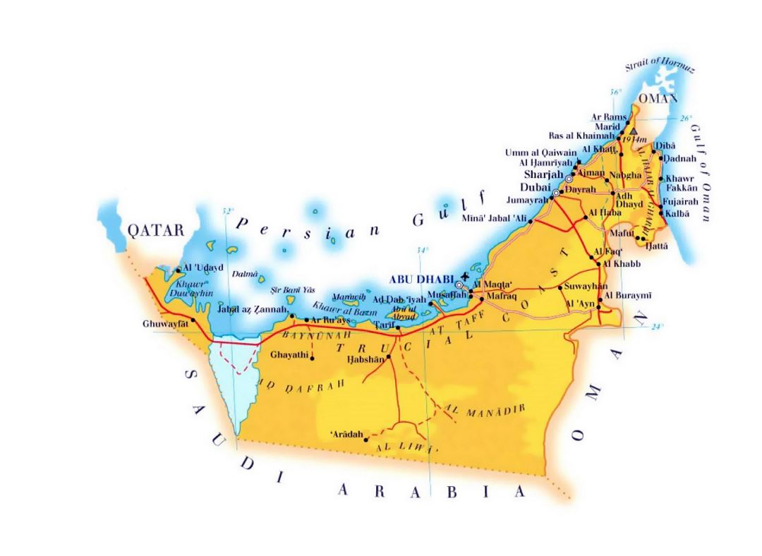 Детальная карта высот ОАЭ с дорогами, городами и аэропортами