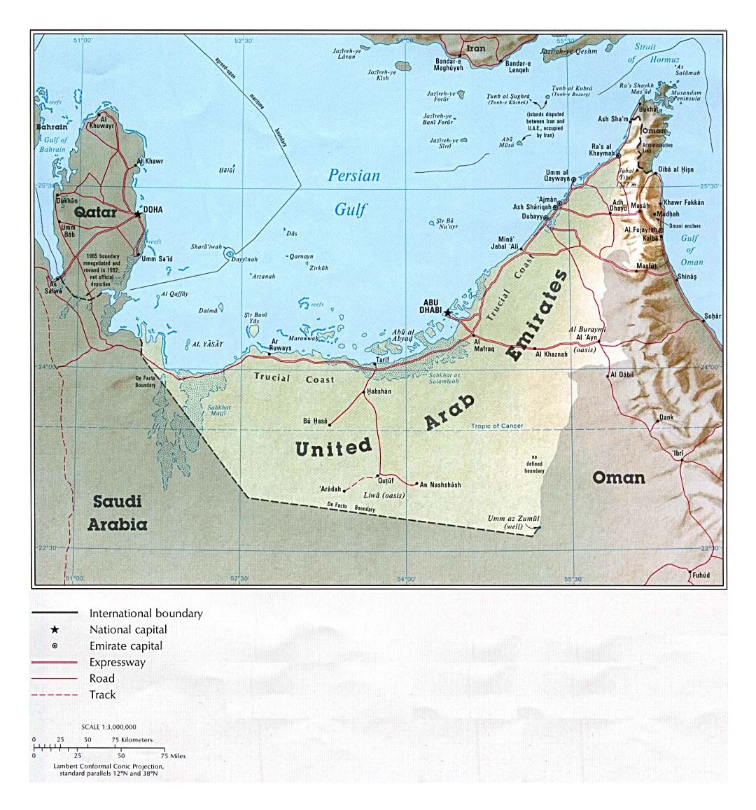 Детальная политическая карта ОАЭ с рельефом, дорогами и городами - 1993