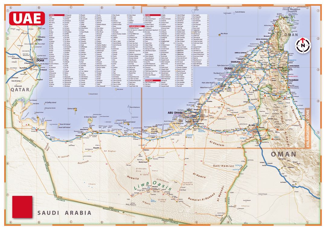 Детальная карта дорог ОАЭ с рельефом, всеми городами и другими пометками