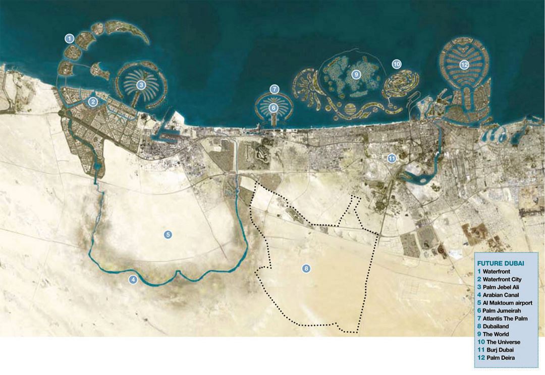 Детальная туристическая спутниковая карта Дубая с надписями