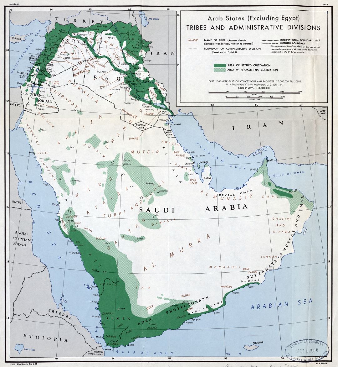 Большая детальная карта племен и административных делений арабских государств (исключая Египет) - 1947