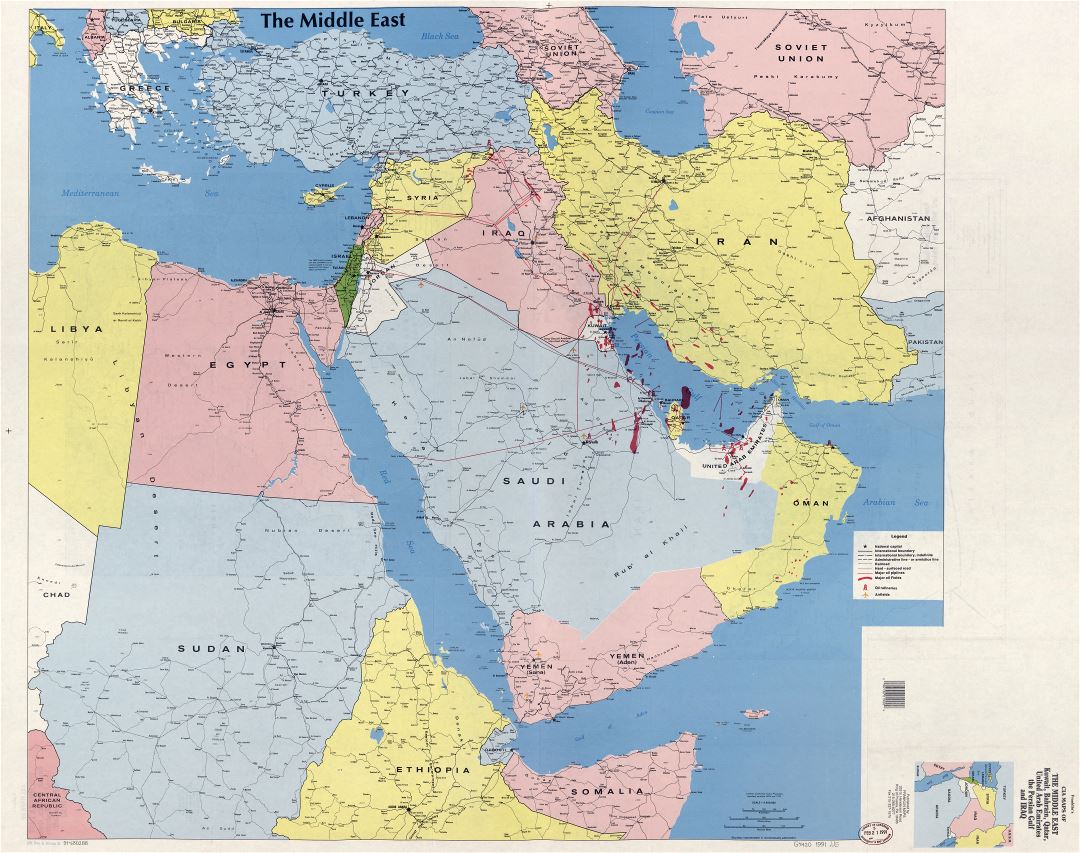 Большая детальная карта Ближнего Востока, Кувейта, Бахрейна, Катара, Объединенных Арабских Эмиратов, Персидского залива и Ирака - 1991