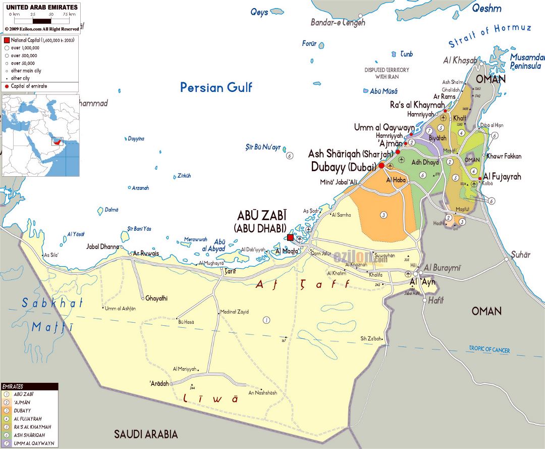 Большая политическая карта ОАЭ со всеми дорогами, городами и аэропортами
