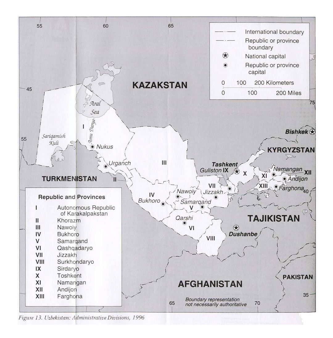 Детальная карта административных делений Узбекистана - 1996