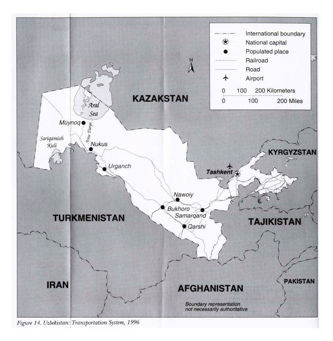 Детальная карта транспортной системы Узбекистана - 1996