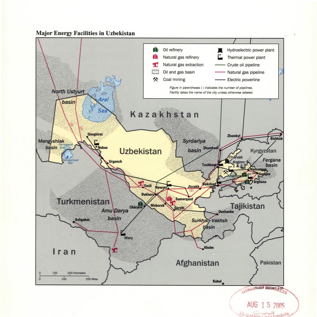 Большая детальная карта основных энергетических объектов Узбекистана - 1995