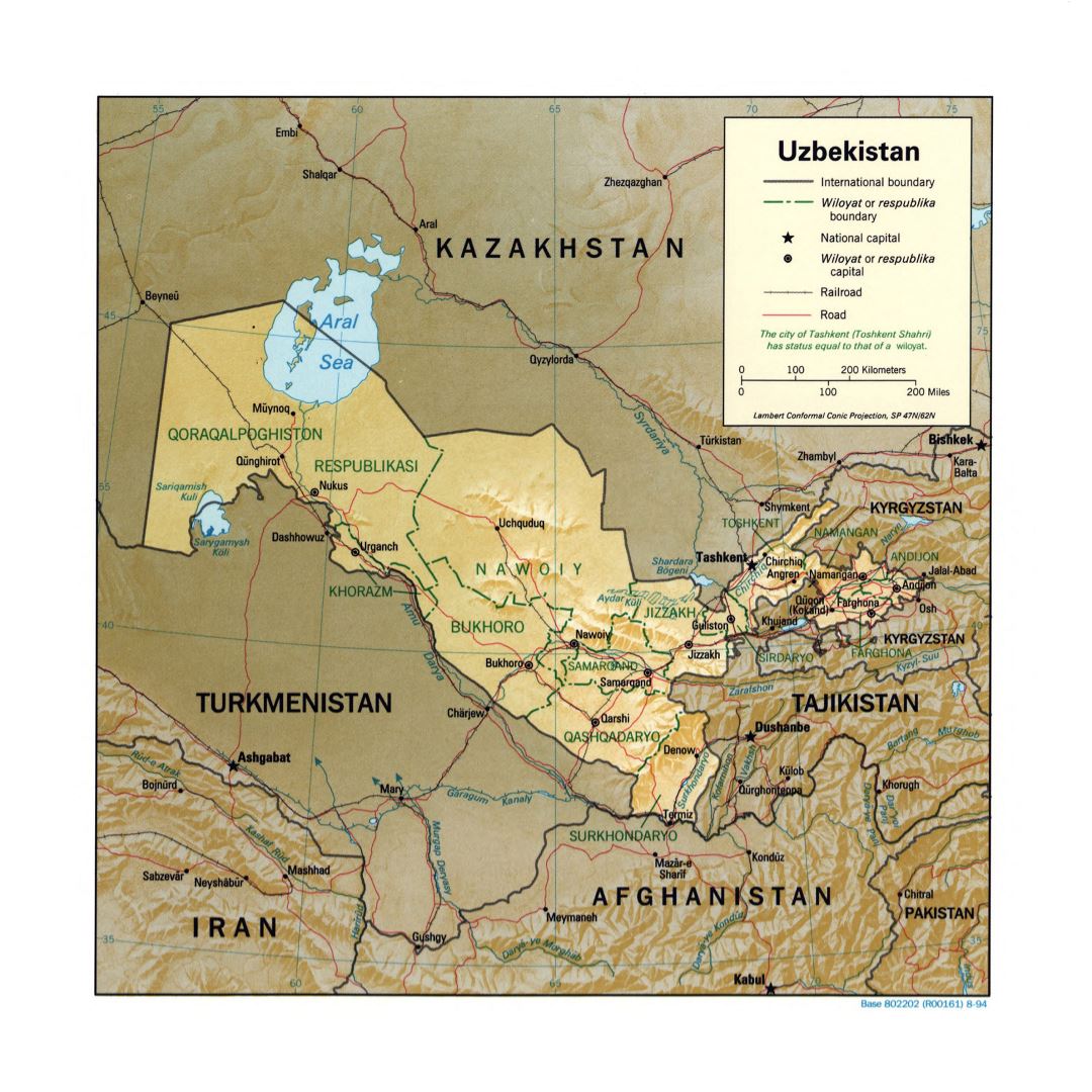 Большая детальная политическая и административная карта Узбекистана с рельефом, дорогами, железными дорогами и крупными городами - 1994