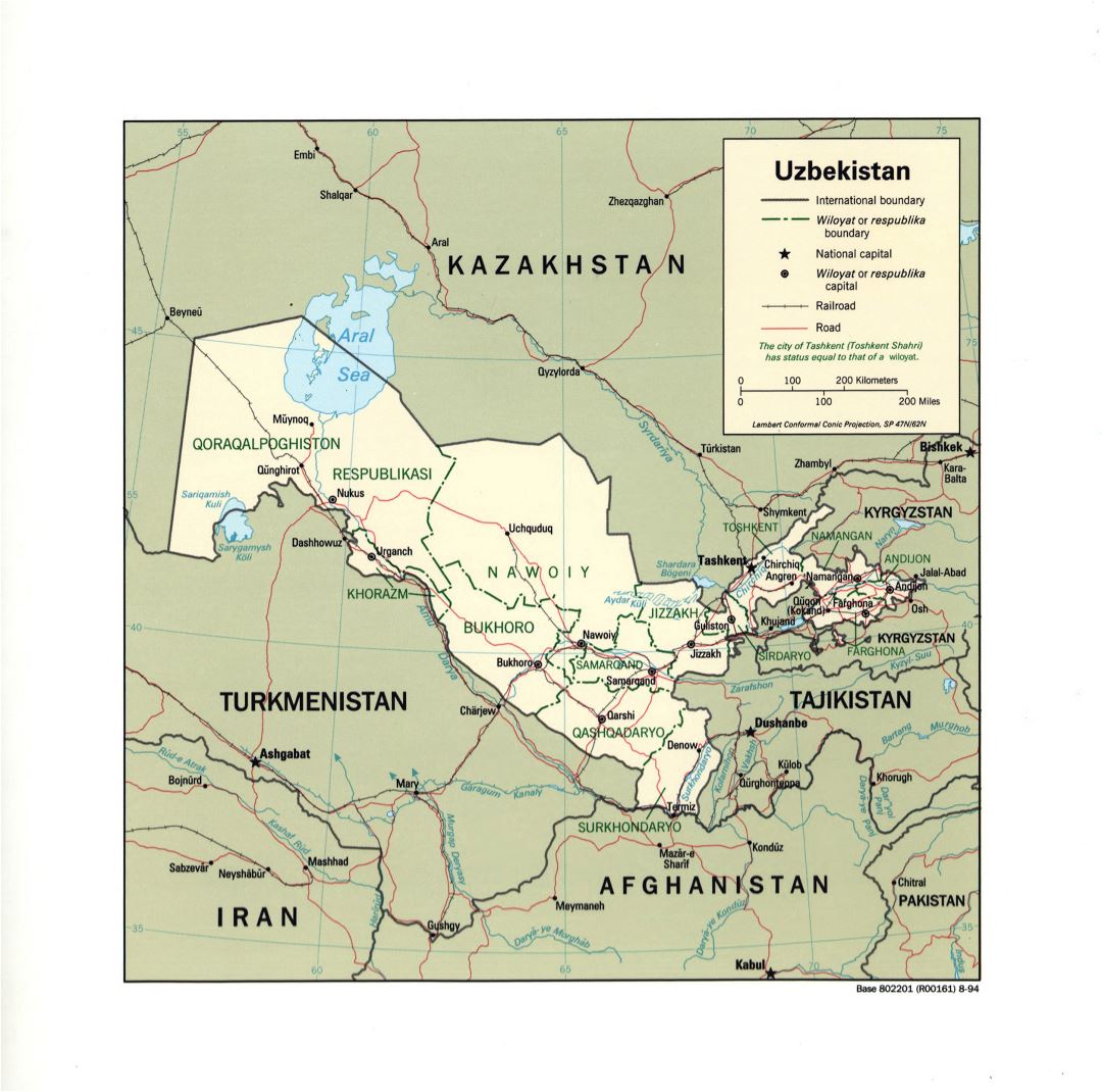 Большая детальная политическая и административная карта Узбекистана с дорогами, железными дорогами и крупными городами - 1994