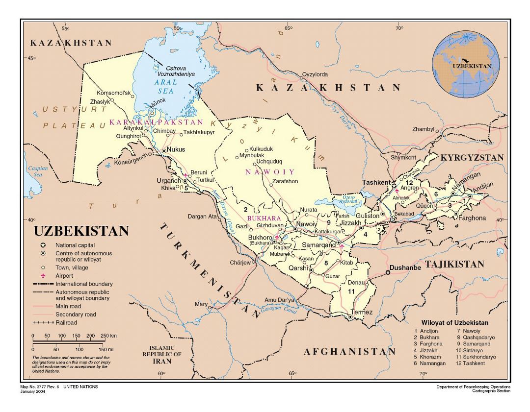 Большая детальная политическая и административная карта Узбекистана с дорогами, железными дорогами, городами и аэропортами