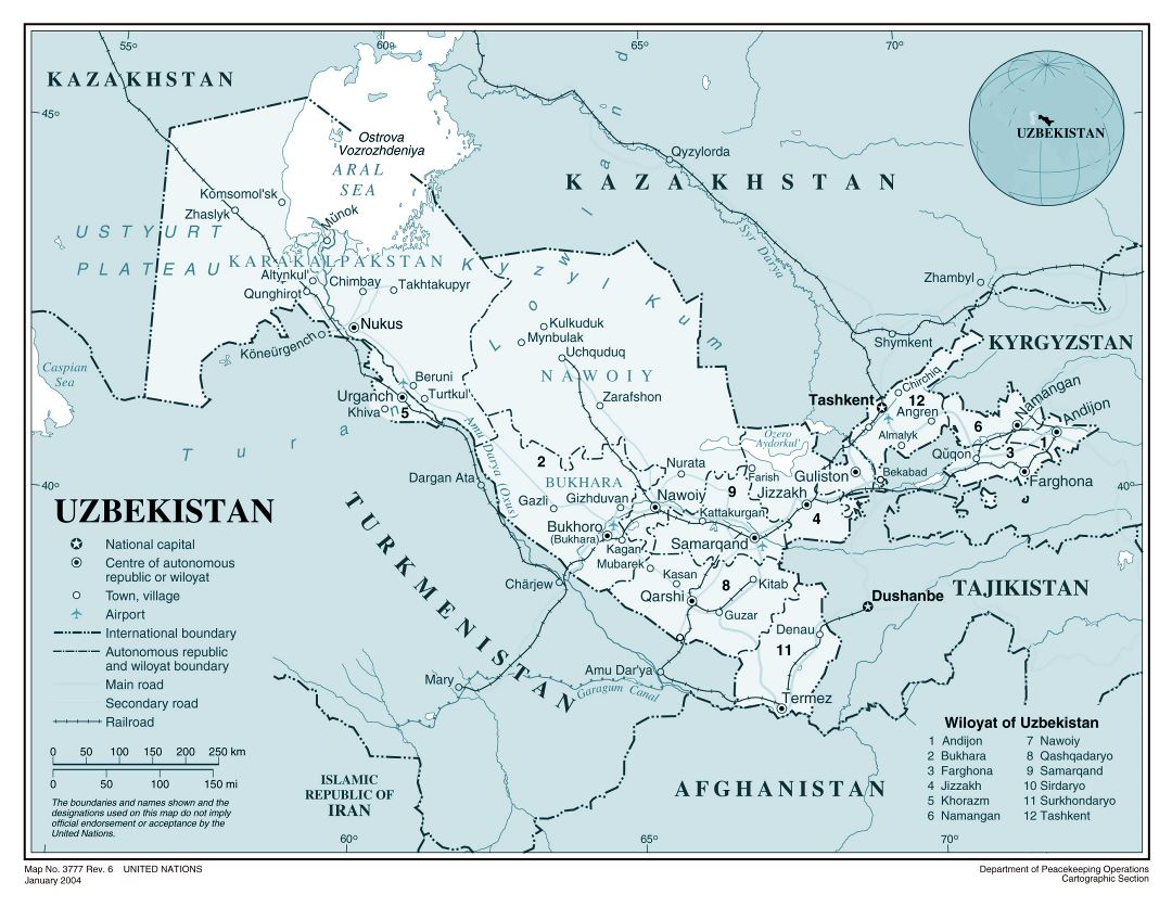 Большая детальная политическая и административная карта Узбекистана с дорогами, железными дорогами, крупными городами и аэропортами