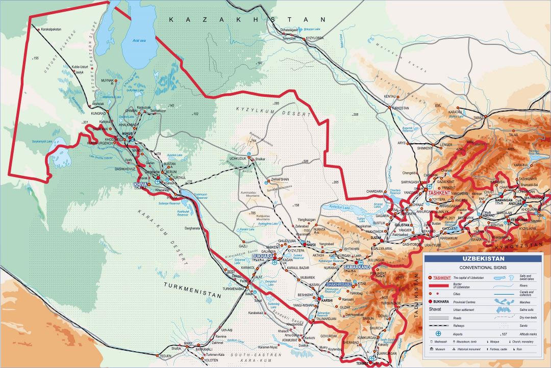 Большая карта высот Узбекистана со всеми дорогами, железными дорогами, городами и аэропортами