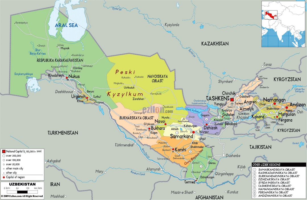 Большая политическая и административная карта Узбекистана с дорогами, городами и аэропортами