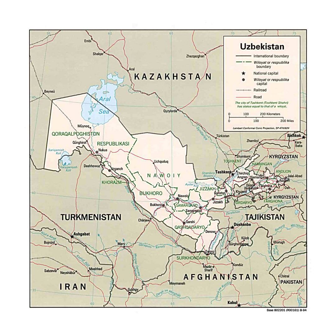 Большая политическая и административная карта Узбекистана с дорогами, железными дорогами и крупными городами - 1994