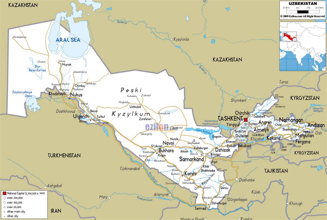 Большая карта дорог Узбекистана с городами и аэропортами