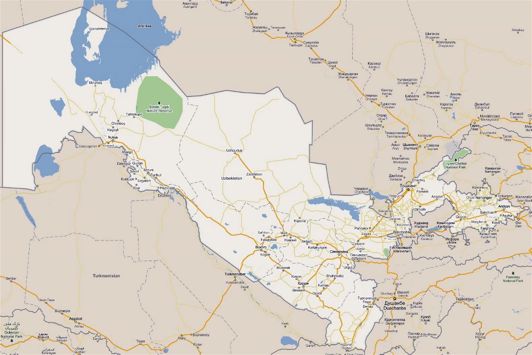 Большая карта дорог Узбекистана с национальными парками и городами