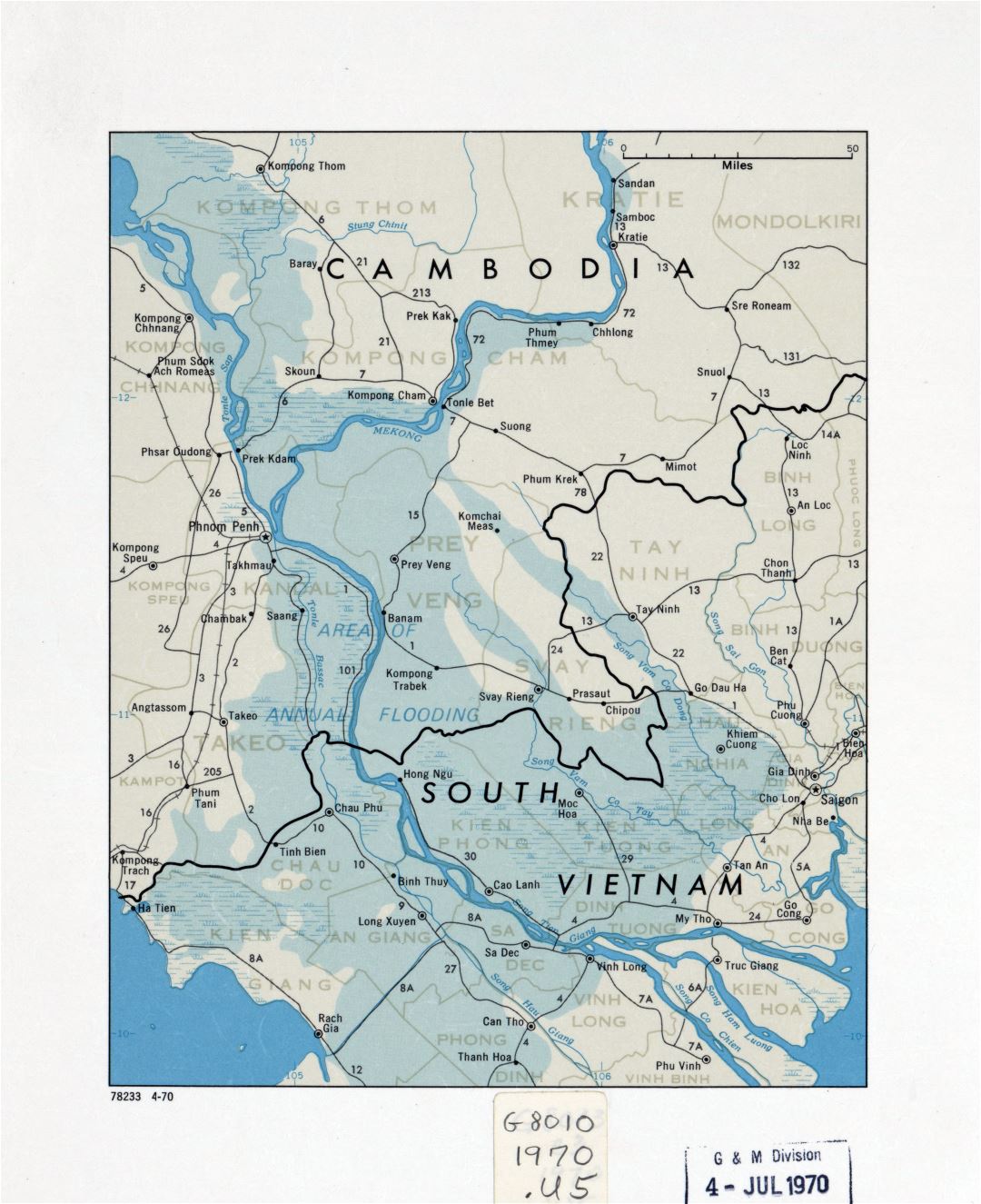 Большая детальная карта Камбоджи и Южного Вьетнама - 1970