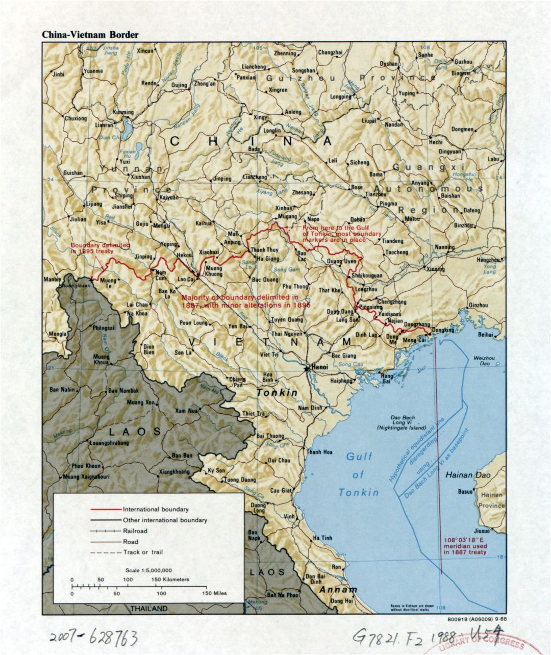 Большая детальная карта границы Китая и Вьетнама с рельефом, дорогами, железными дорогами и крупными городами - 1988