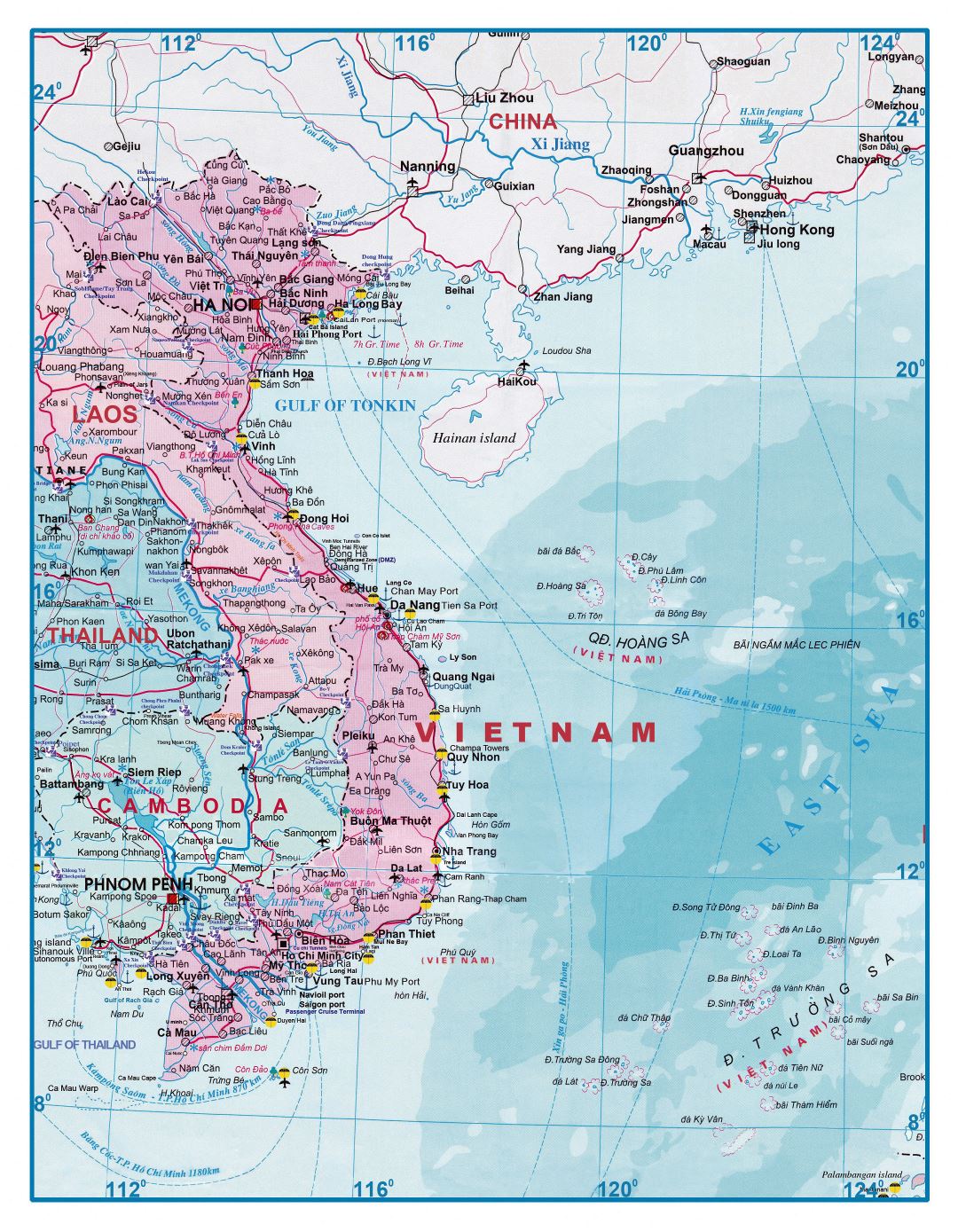 Большая детальная туристическая карта Вьетнама и Лаоса