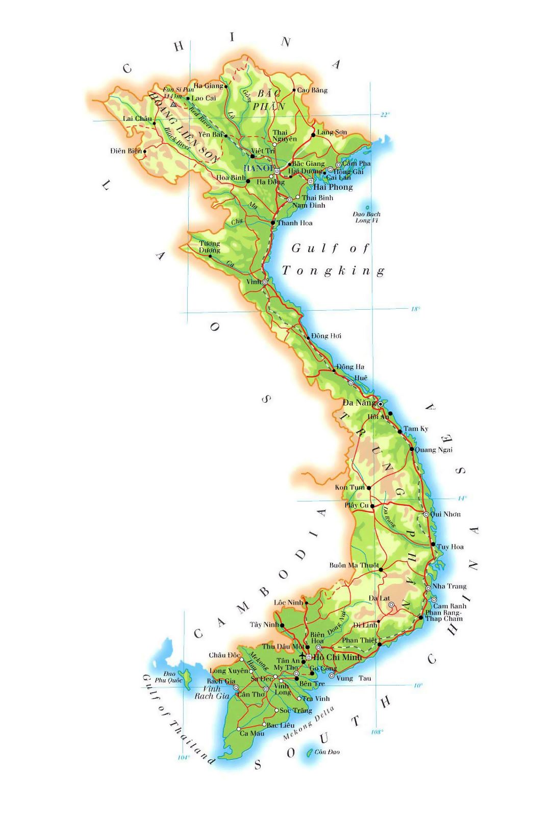 Большая карта высот Вьетнама с дорогами, железными дорогами, крупными городами и аэропортами