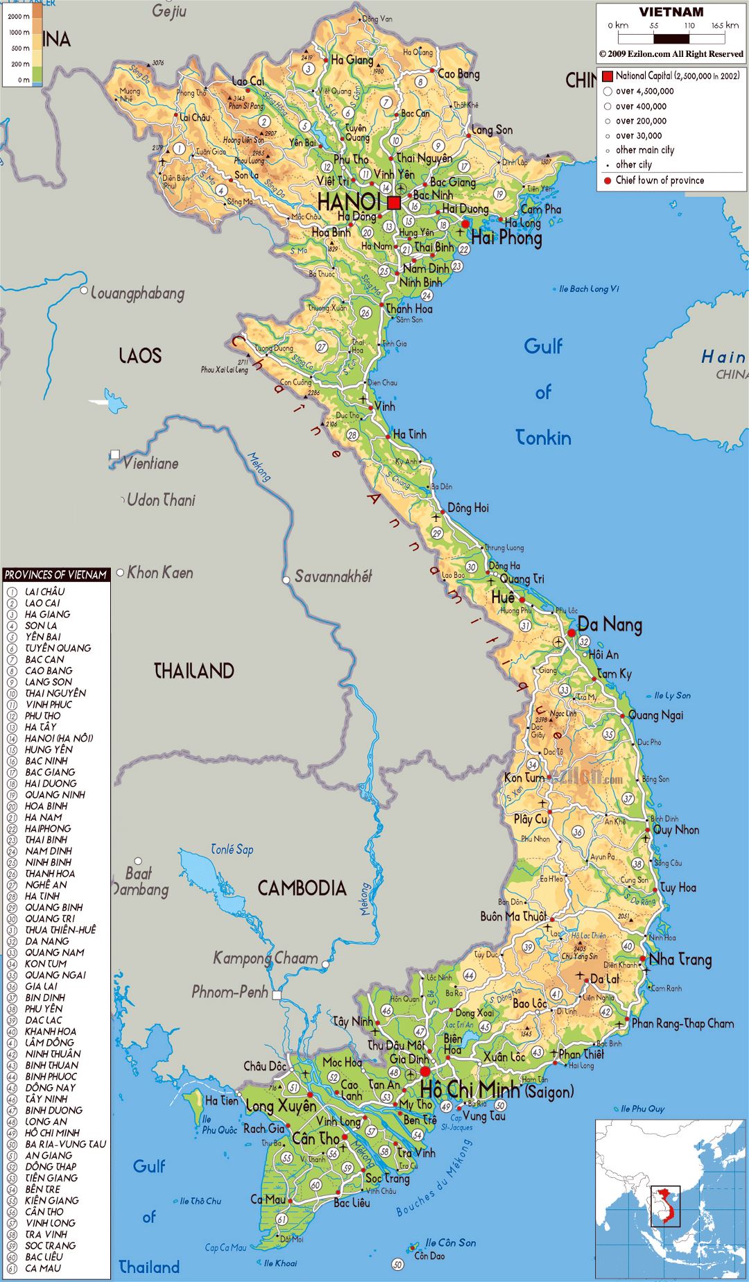 Большая физическая карта Вьетнама со всеми дорогами, городами и аэропортами