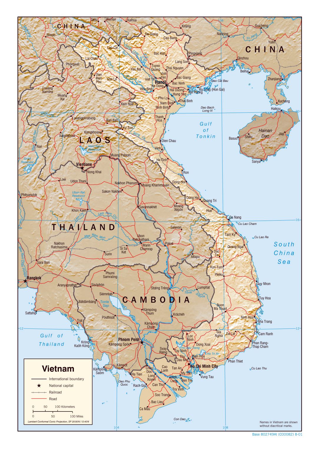 Большая политическая карта Вьетнама с рельефом, дорогами, железными дорогами и крупными городами - 2001