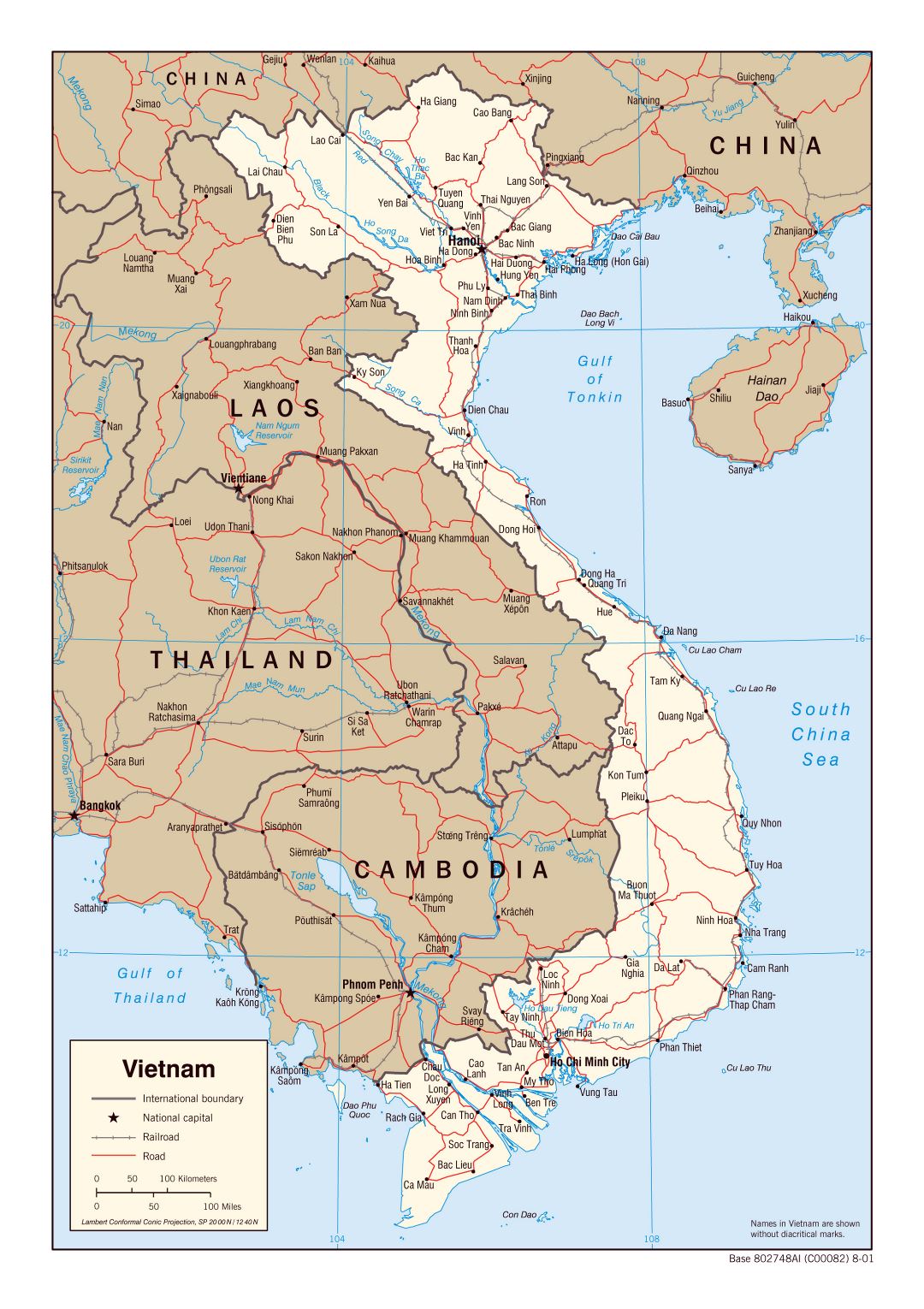 Большая политическая карта Вьетнама с дорогами, железными дорогами и крупными городами - 2001