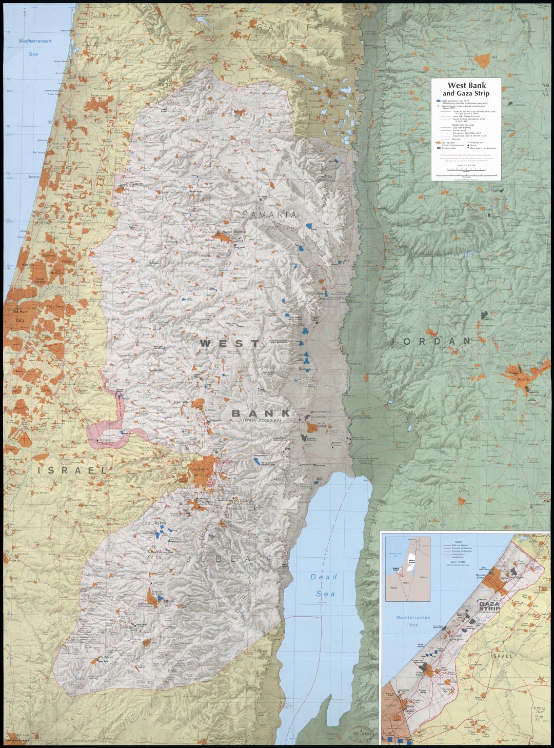 Крупномасштабная детальная карта Западного берега реки Иордан и сектора Газа с рельефом и другими пометками - 1979