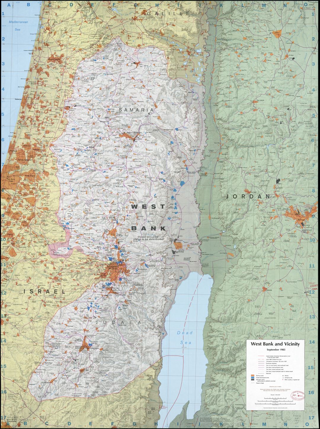 Крупномасштабная детальная карта Западного берега реки Иордан и окрестностей с рельефом и другими пометками - 1983
