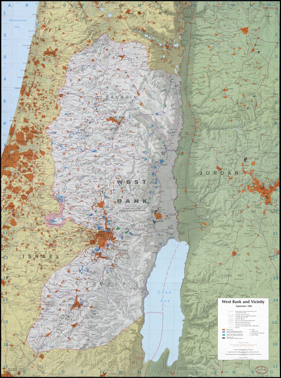 Крупномасштабная детальная карта Западного берега реки Иордан и окрестностей с рельефом и другими пометками - 1984