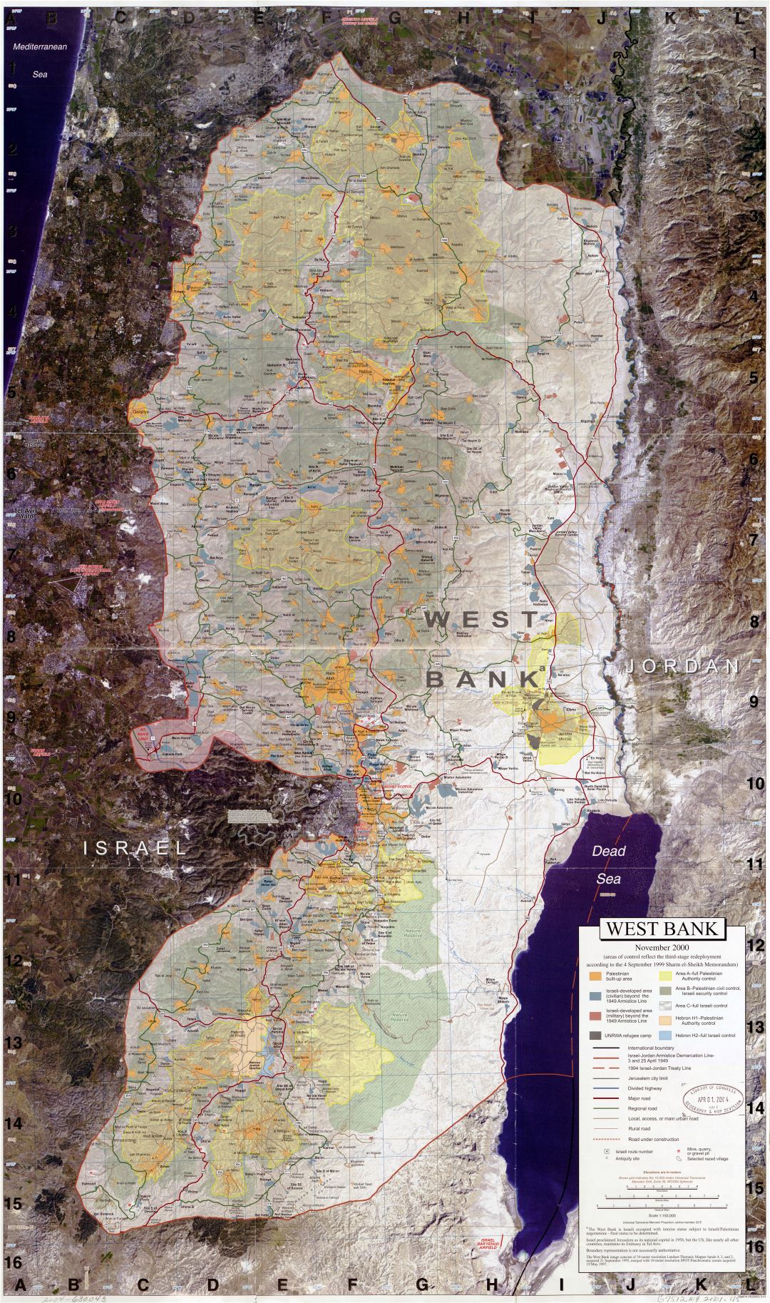 Крупномасштабная детальная карта Западного берега реки Иордан с другими пометками - 2001