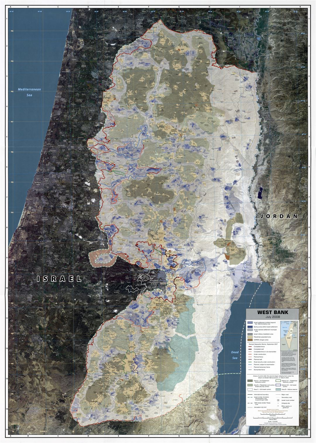 Крупномасштабная детальная карта Западного берега реки Иордан с другими пометками - 2008