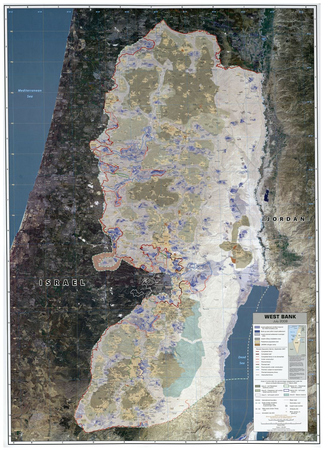 Крупномасштабная карта Западного берега реки Иордан с другими пометками - 2008