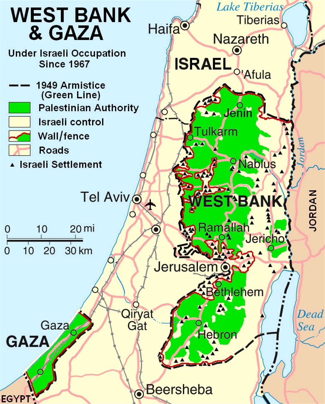 Карта Западного берега реки Иордан и сектора Газа
