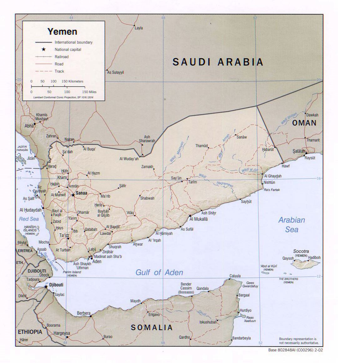 Детальная политическая карта Йемена с рельефом, дорогами, железными дорогами и крупными городами - 2002