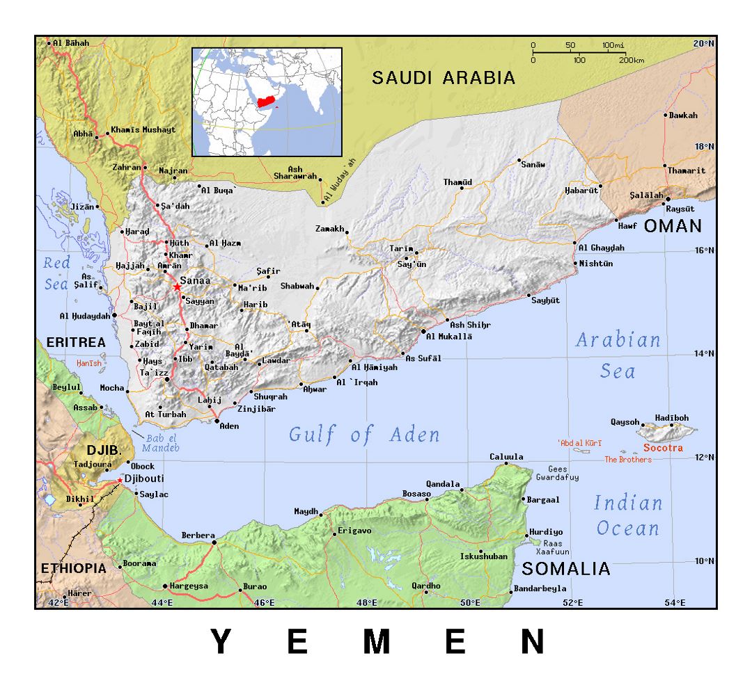 Детальная политическая карта Йемена с рельефом