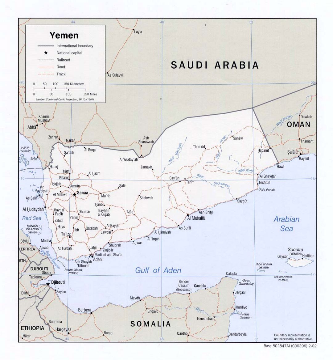 Детальная политическая карта Йемена с дорогами, железными дорогами и крупными городами - 2002