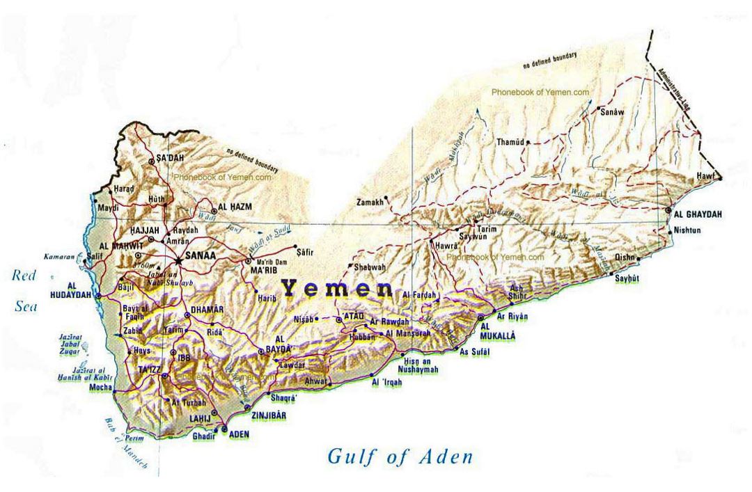 Детальная карта рельефа Йемена