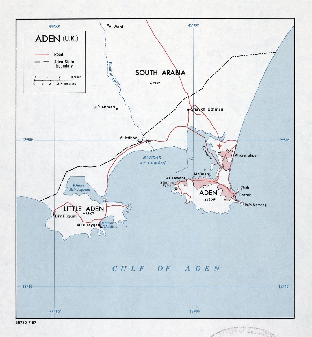 Большая детальная карта Адена (Великобритания) с дорогами - 1967