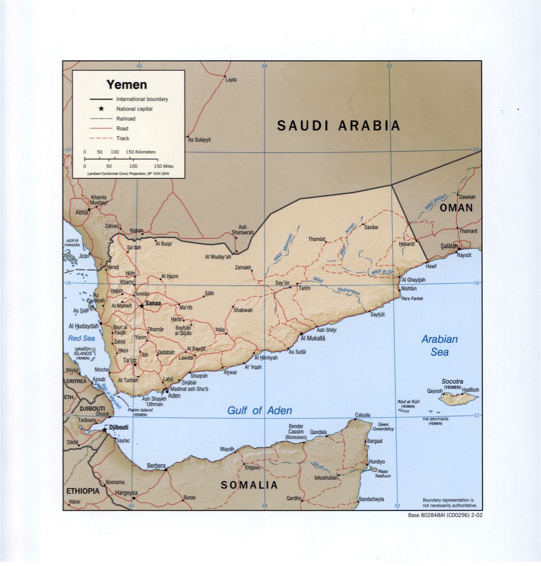 Большая детальная политическая карта Йемена с рельефом, дорогами, железными дорогами и крупными городами - 2002