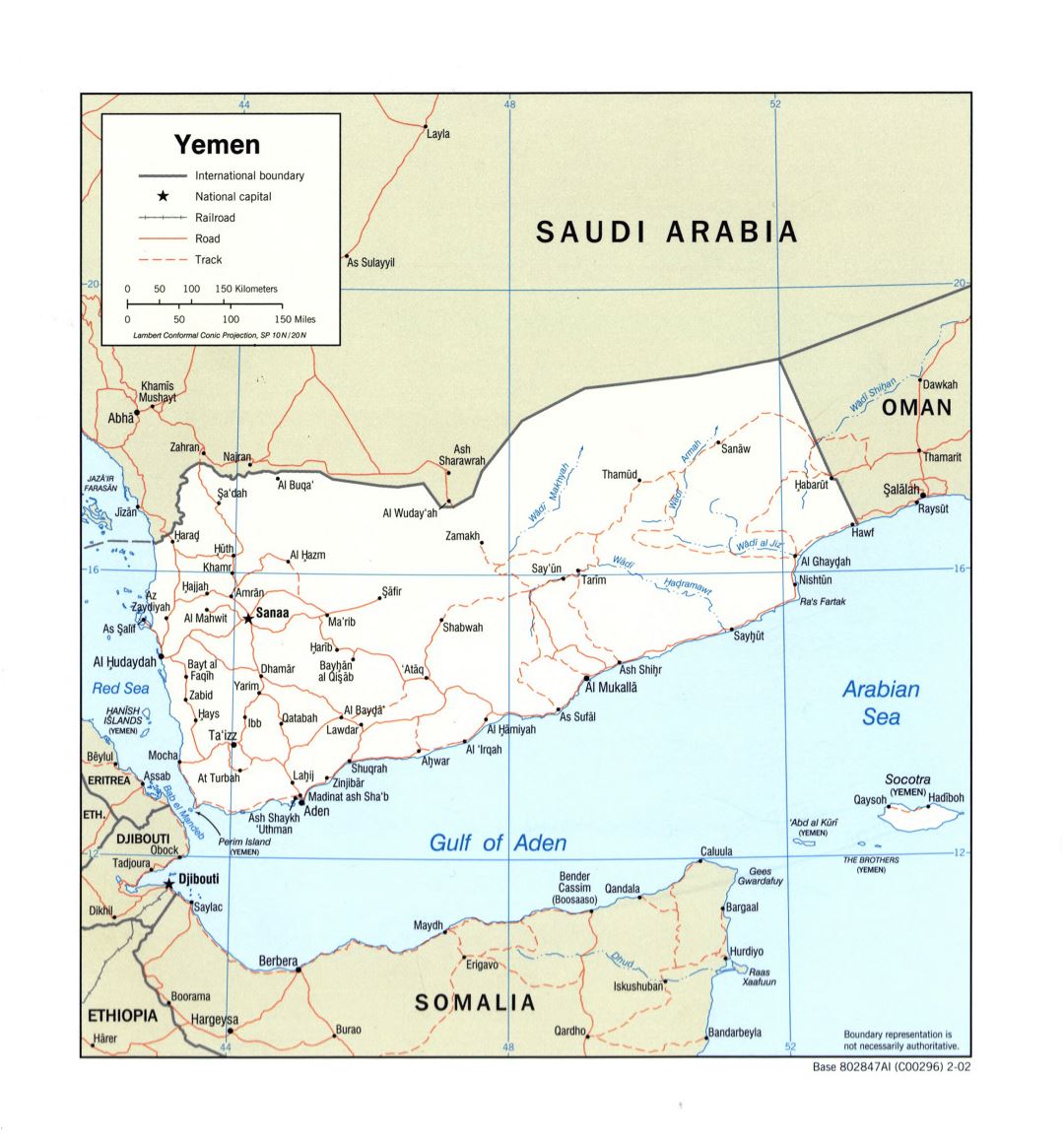 Большая детальная политическая карта Йемена с дорогами, железными дорогами и крупными городами - 2002